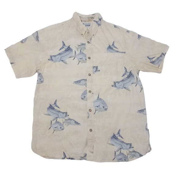 Columbia Men's Medium Shirt Button Up Shirt Sleeve‎ River Lodge Fish Vented - Picture 1 of 8